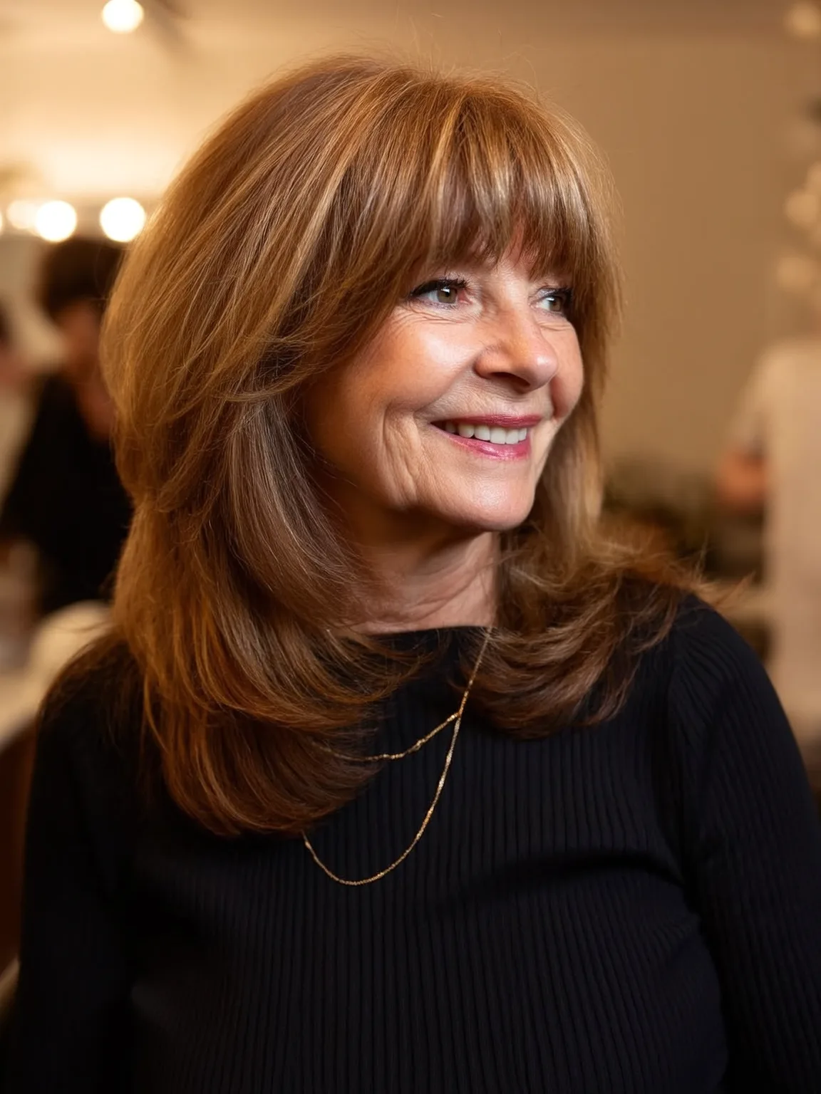 Feathered Shoulder-Length Layers in Golden Brown